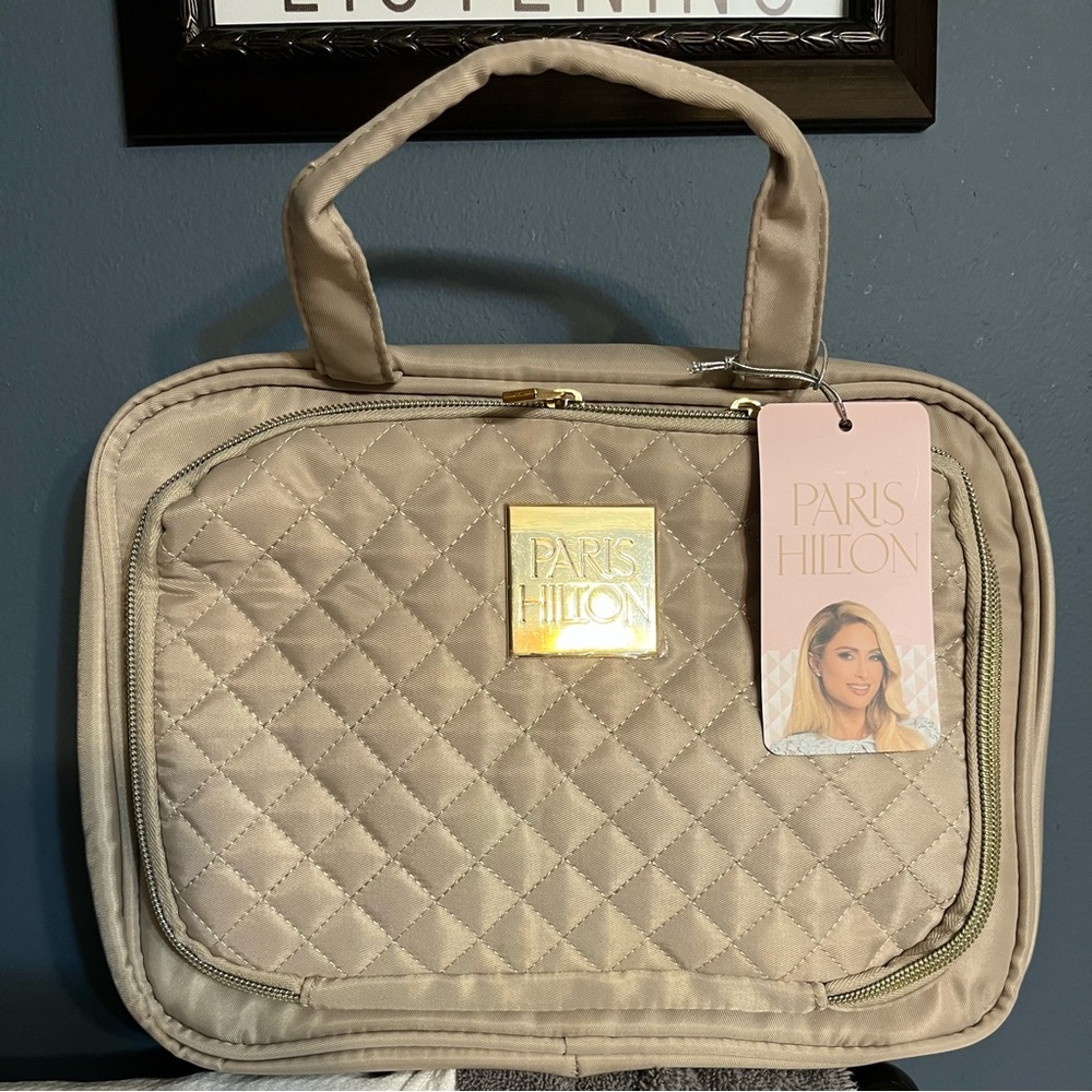 Paris Hilton Quilted Beige Travel Cosmetic Case with Gold Logo